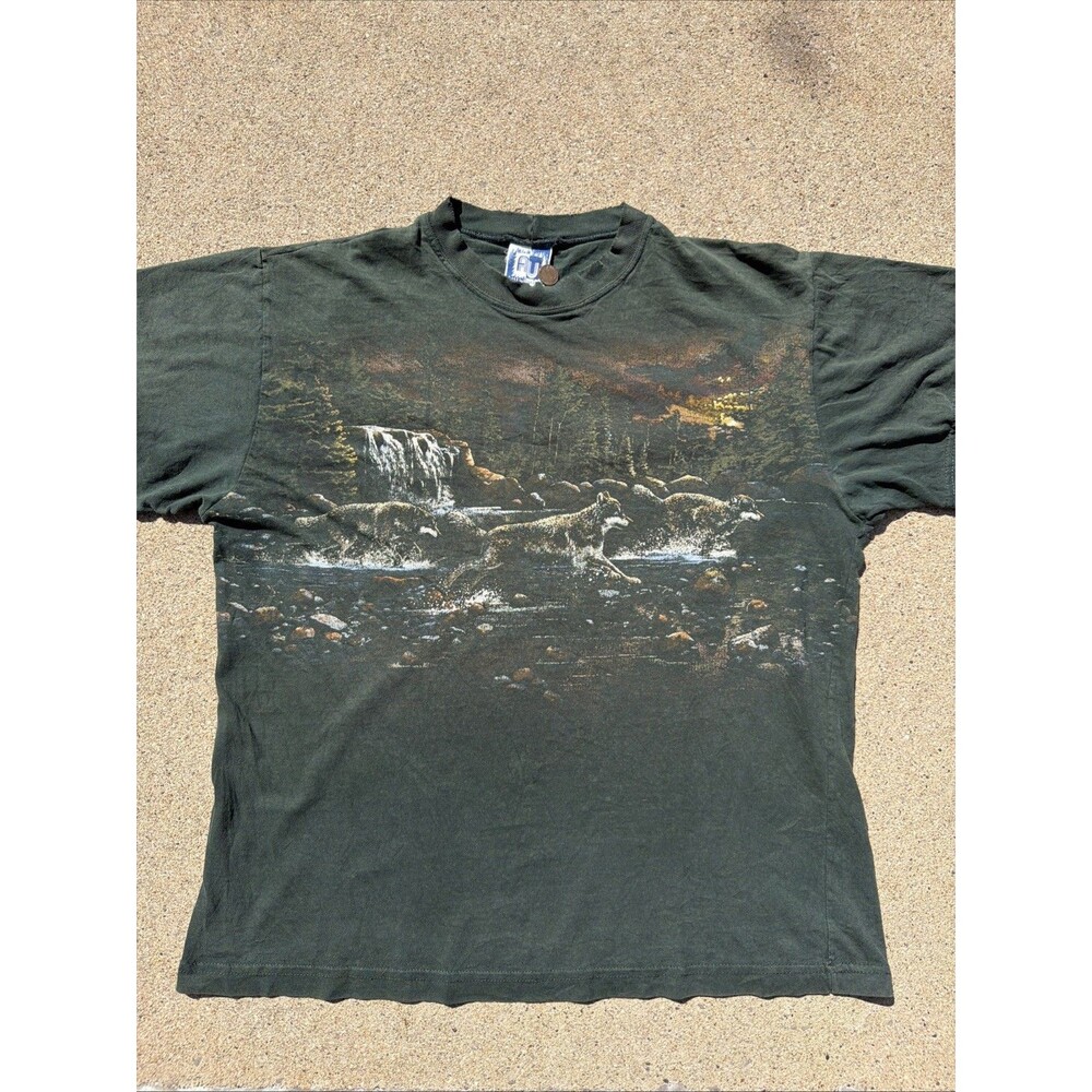 Vintage Art Unlimited Wolves Running Through A Stream Nature AOP Green XL Shirt